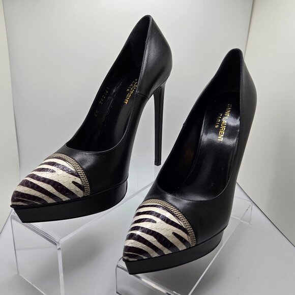 YSL Janis Pumps Pointed Cap Toes Zebra Pattern Snakeskin Calf Leather Black 40 - Picture 12 of 14